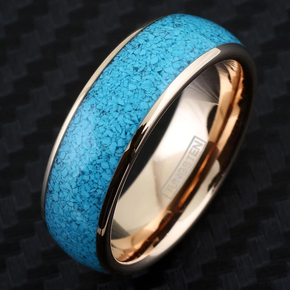 Brilliant Polished Rose Gold Tungsten Ring With Charming Crushed Turquoise Inlay